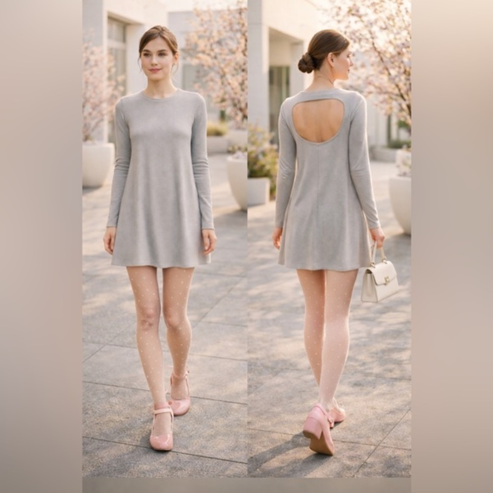 RE:NAMED Gray Cutout Back Long Sleeve A-Line Tunic Mini Dress Casual Comfy Sz: S